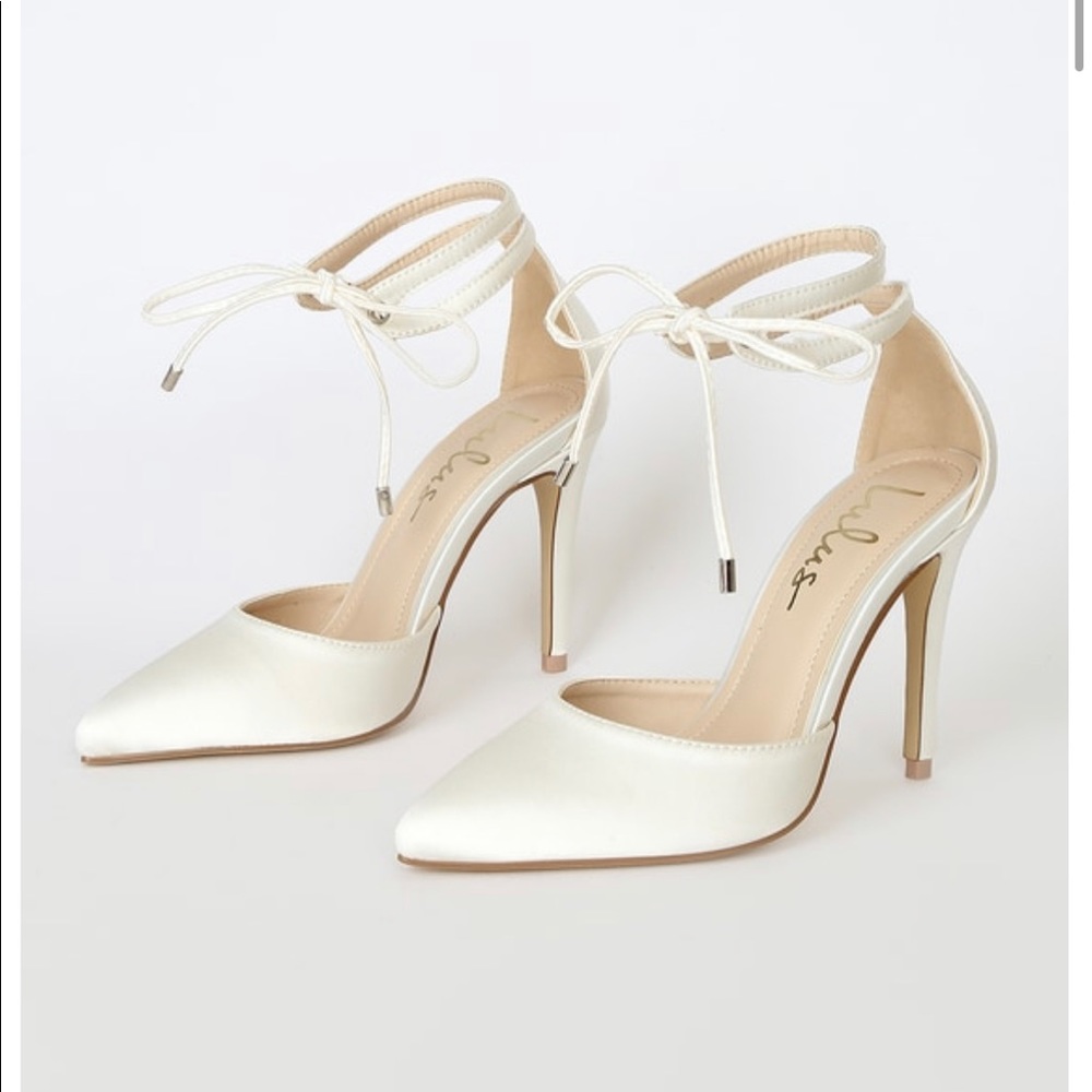 Lulus Luykle White Satin Pointed-Toe Ankle Strap Pumps